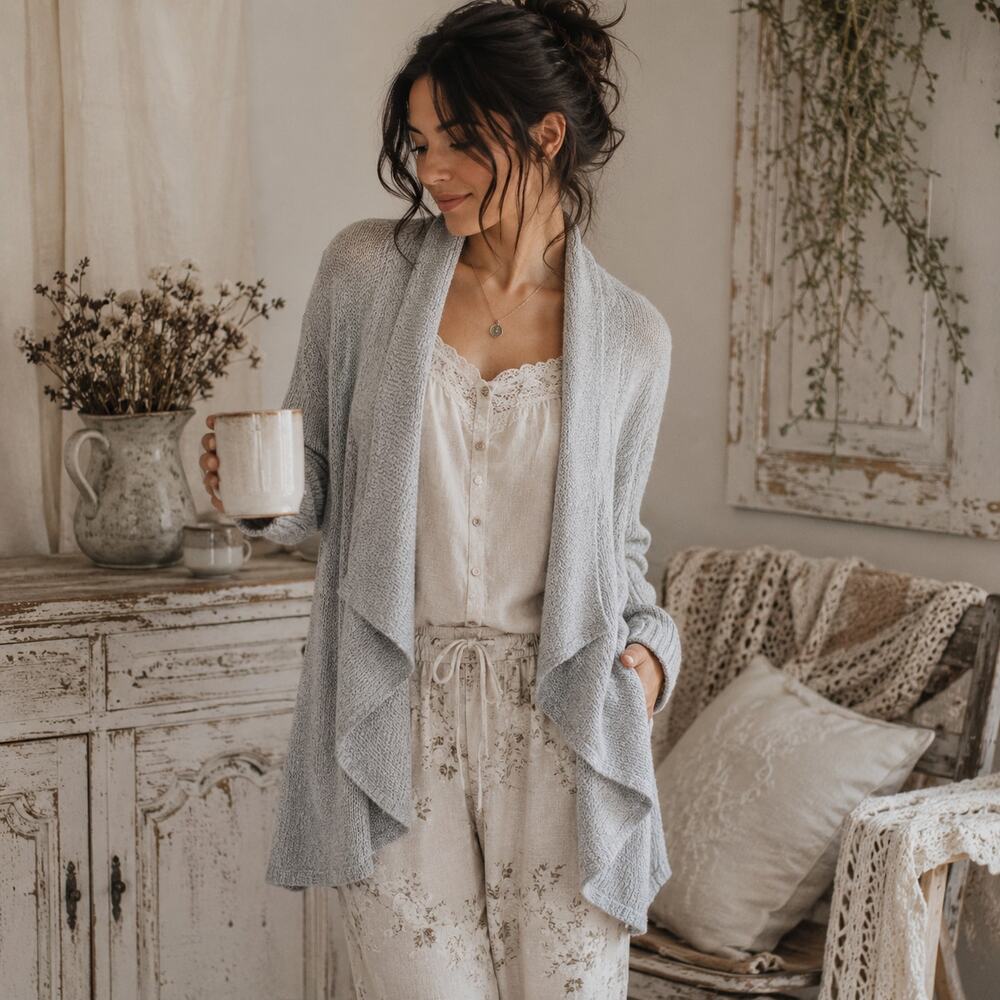 Cupio Grey Soft Knit Open Front Drape Cardigan Petite Small SP Layering Cozycore